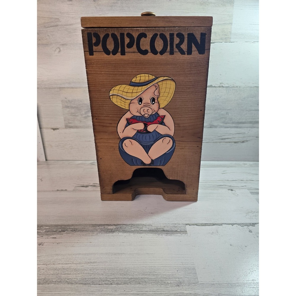 Vintage Wooden‎ Popcorn Dispenser Bin Hand Painted Pig Farmhouse Rustic Decor
